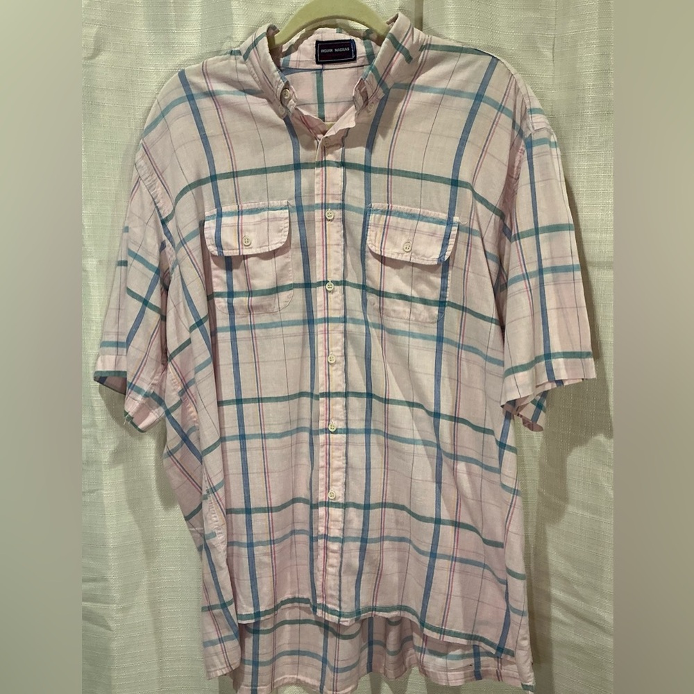 Vintage Hathaway Indian Madras Button-Down Shirt in Pink and Blue